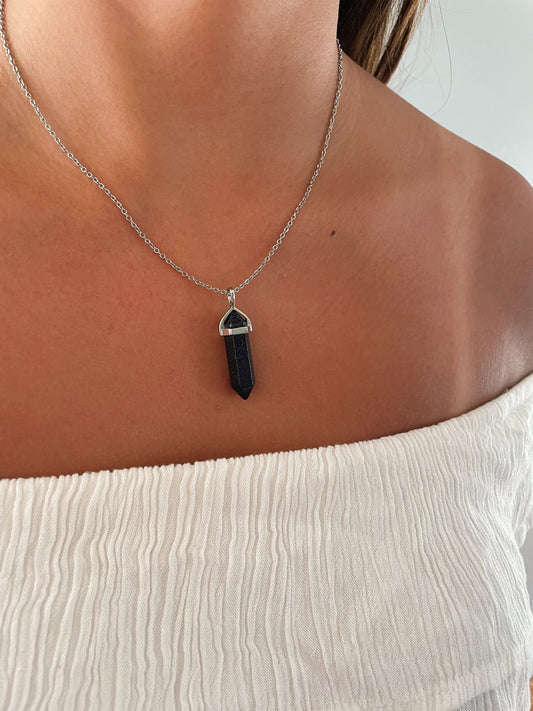 Blue Goldstone Silver Necklace, Positivity, Courage, Ambition Stone Jewelry, Crystal Layering Necklace for Women