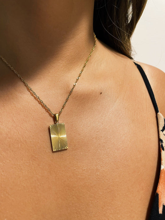 Sunburst 18K Gold Stainless Steel Necklace - Sunbeam Rectangle Pendant, Divergent Sunlight Sun Ray Necklace, Birthday Gift for Her