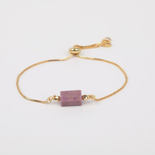 Purple Jade Adjustable Gold Bracelet, Calm and Strength Boost, Gemstone Crystal Jewelry for Women