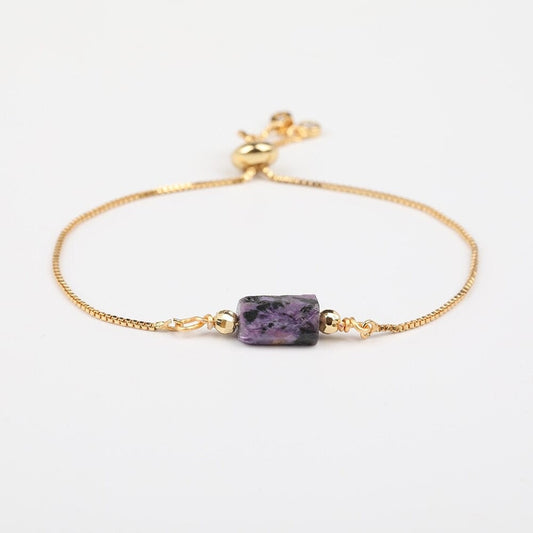 Purple Charoite Adjustable Gold Bracelet, Negativity Protection, Gemstone Crystal Jewelry for Women