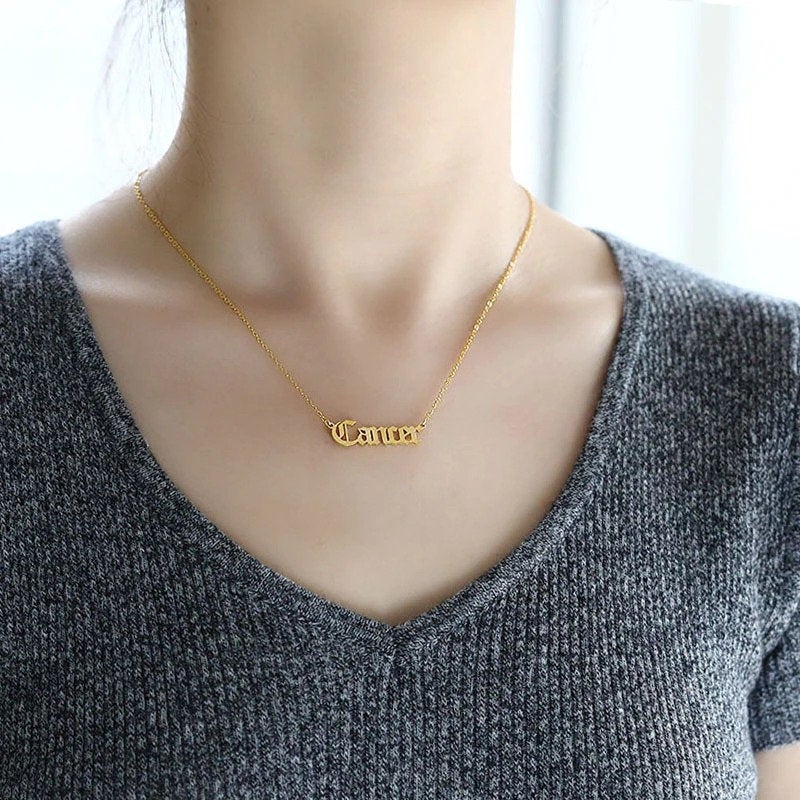 Zodiac Old English Necklace - 18k Gold Plated Stainless Steel Necklace - Zodiac Word Necklace, Zodiac Sign Gift Jewelry, Horoscope Necklace