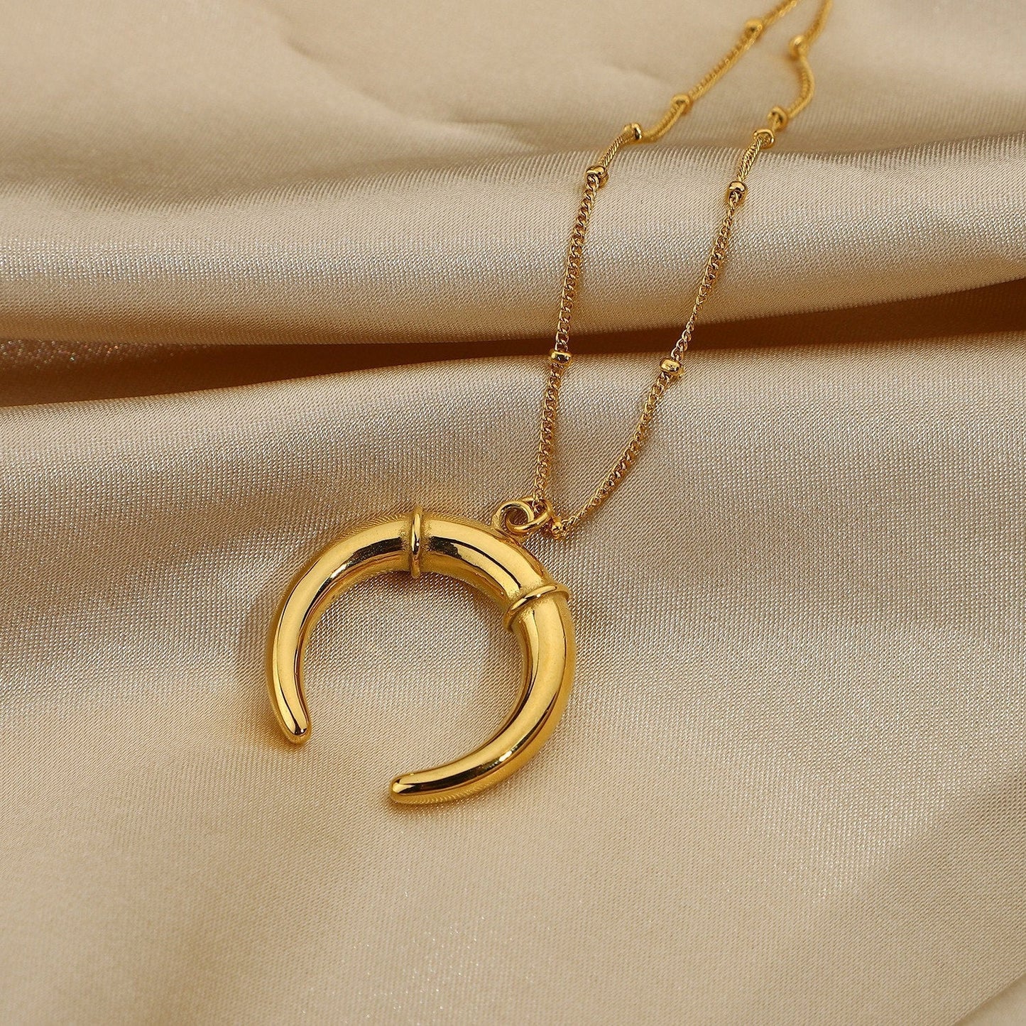 Crescent Moon 18K Gold Stainless Steel Necklace, Double Horn Gold Necklace, Tusk Necklace, Boho Jewelry, Upside Down Moon Necklace, Bohemian