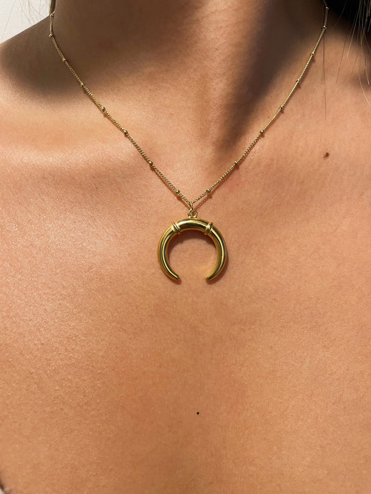 Crescent Moon 18K Gold Stainless Steel Necklace, Double Horn Gold Necklace, Tusk Necklace, Boho Jewelry, Upside Down Moon Necklace, Bohemian