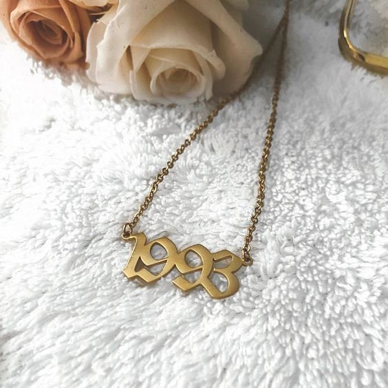 Birth Year Necklace, Old English Birth Year Number Gold Necklace, Gold Plated Stainless Steel Necklace, Gift For Her, 1999, 2000, 2001, 2002