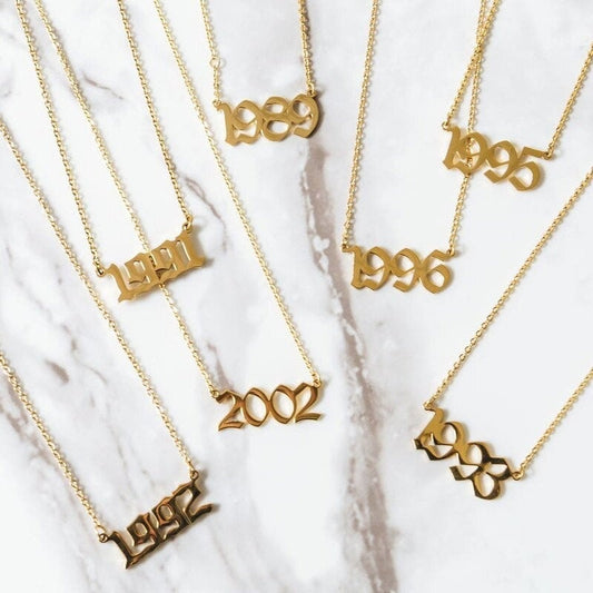 Birth Year Necklace, Old English Birth Year Number Gold Necklace, Gold Plated Stainless Steel Necklace, Gift For Her, 1999, 2000, 2001, 2002