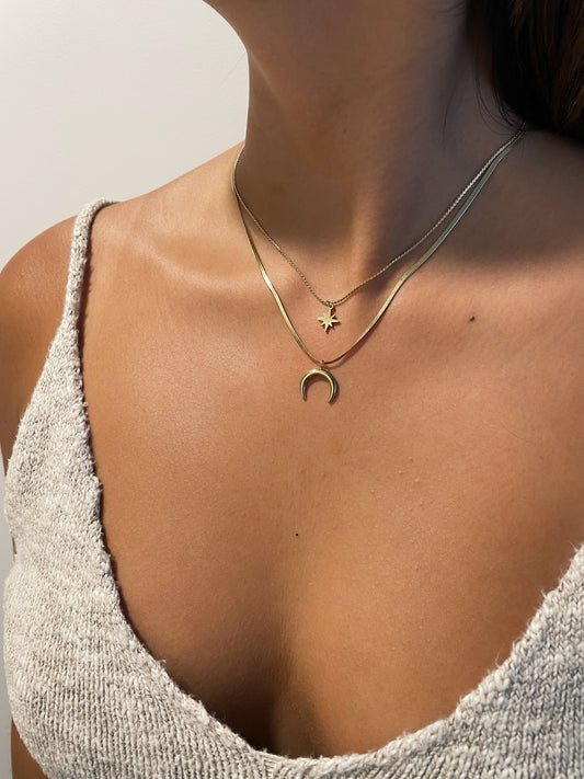 Crescent Moon Celestial Star 18k Gold Layered Necklace, Double Horn Layering Necklace, Herringbone Snake Necklace, Star Necklace