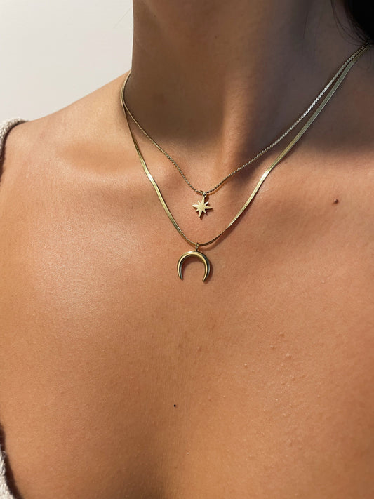 Crescent Moon Celestial Star 18k Gold Layered Necklace, Double Horn Layering Necklace, Herringbone Snake Necklace, Star Necklace