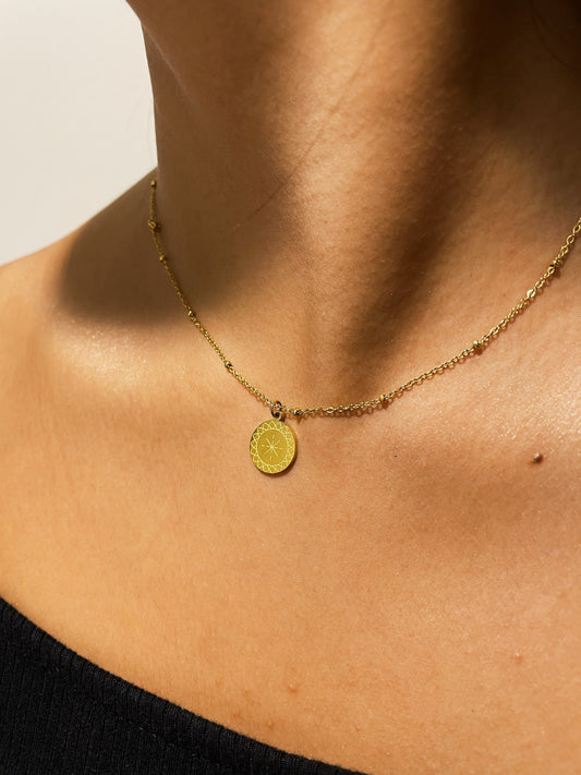 Starburst 18K Gold Plated Stainless Steel Coin Necklace - Sunbeam Gold Stamped Pendant, Star Sun Ray Necklace, Sunburst Gold Dainty Necklace