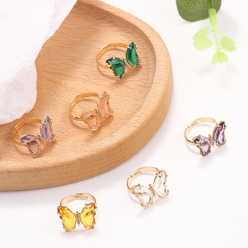 18K Gold Plated Crystal Butterfly Ring, CZ Glass Butterfly Ring, Blue Green Purple Pink Butterfly Ring, Gift for Women