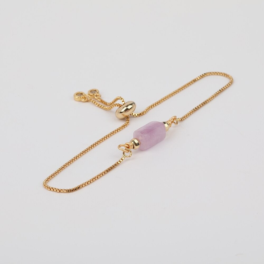 Kunzite Adjustable Gold Bracelet, Pink Healing Gemstone Crystal Jewelry for Women