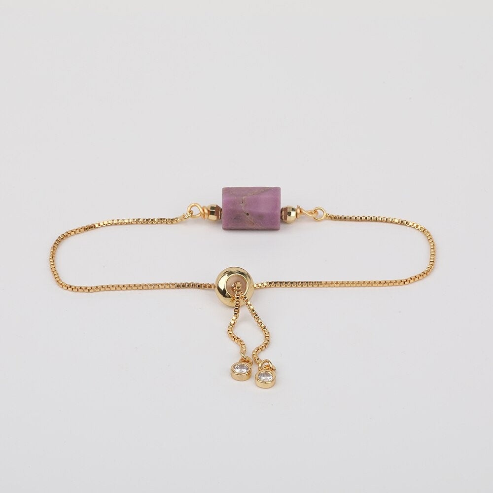 Purple Jade Adjustable Gold Bracelet, Calm and Strength Boost, Gemstone Crystal Jewelry for Women