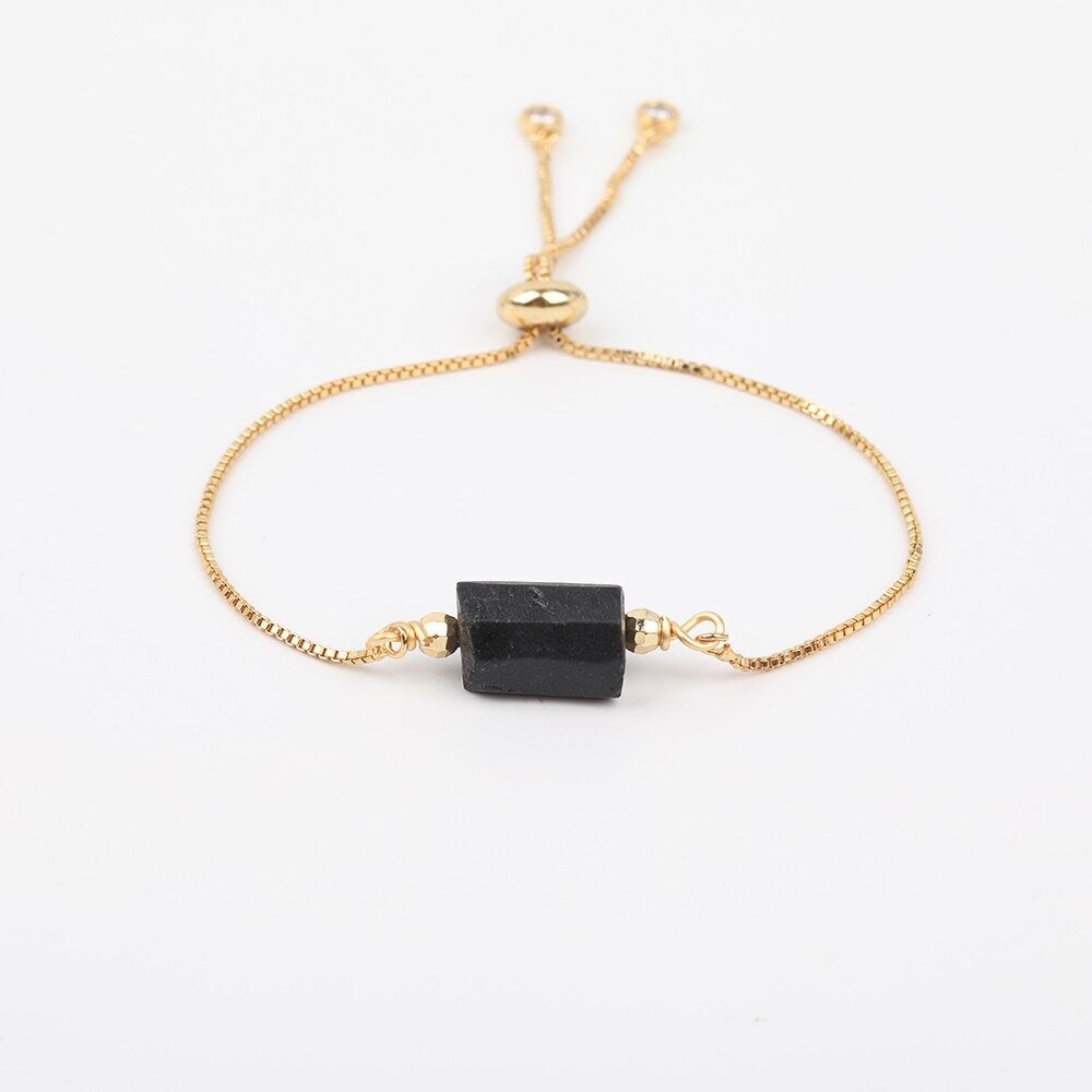 Black Tourmaline Adjustable Gold Bracelet, Negative Energy Protection, Raw Black Tourmaline Stone, October Birthstone Jewelry