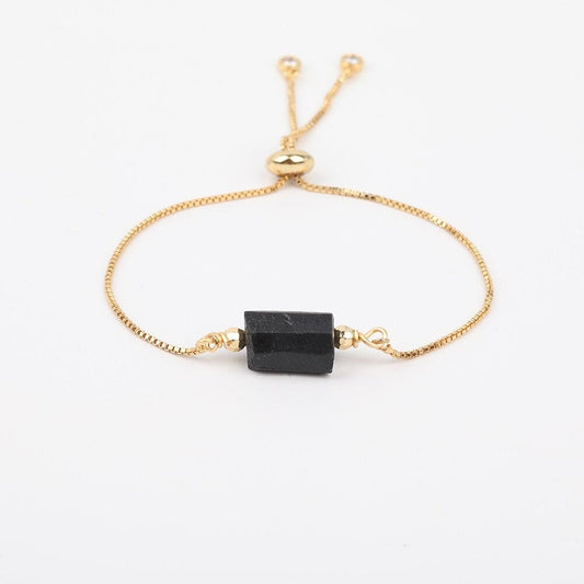 Black Tourmaline Adjustable Gold Bracelet, Negative Energy Protection, Raw Black Tourmaline Stone, October Birthstone Jewelry