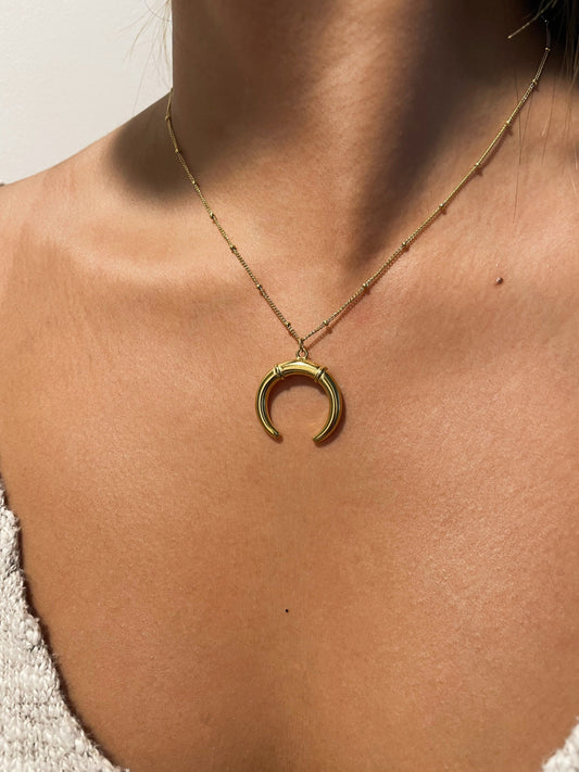 Crescent Moon 18K Gold Stainless Steel Necklace, Double Horn Gold Necklace, Tusk Necklace, Boho Jewelry, Upside Down Moon Necklace, Bohemian