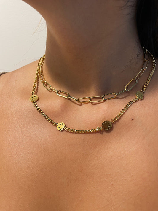 Trippy Smiley & Sad Face Emoji Necklace - 14K Gold Plated Stainless Steel Choker Necklace - Trendy Jewelry for Her, Retro Jewelry, Paperclip