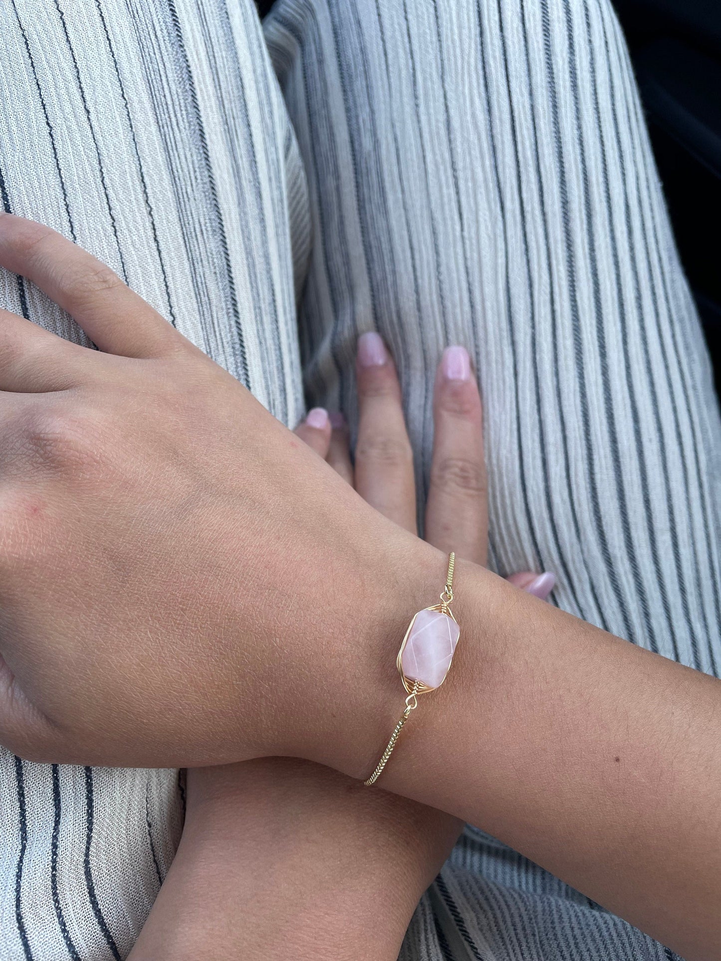 Rose Quartz Wire Wrapped Adjustable Gold Bracelet, January Birthstone Pink Bracelet