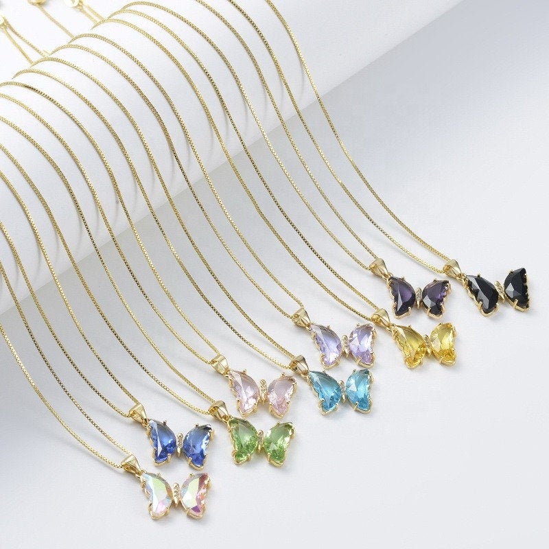 18K Gold Plated Crystal Butterfly Necklace, CZ Glass Butterfly Necklace, Blue Green Pink Butterfly Pendant Charm Necklace, Gift for Women