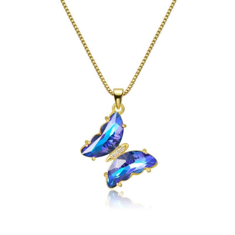 18K Gold Plated Crystal Butterfly Necklace, CZ Glass Butterfly Necklace, Blue Green Pink Butterfly Pendant Charm Necklace, Gift for Women