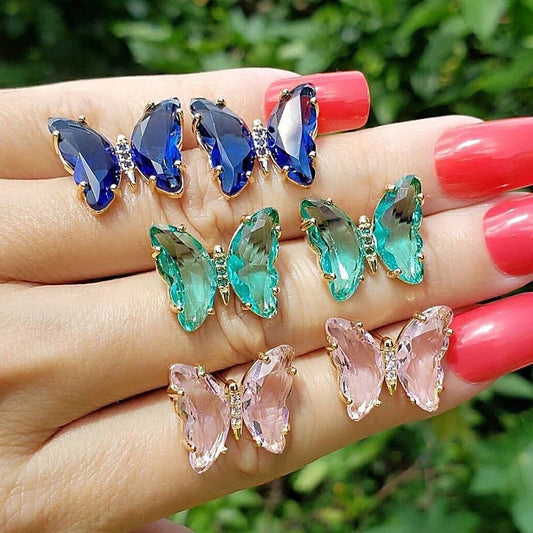 18K Gold Plated Crystal Butterfly Ring, CZ Glass Butterfly Ring, Blue Green Purple Pink Butterfly Ring, Gift for Women
